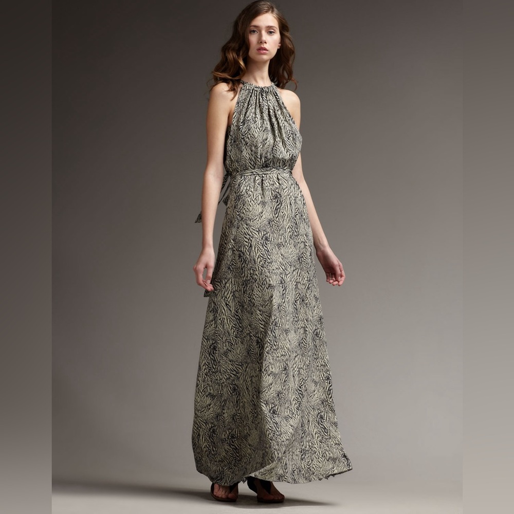 ANTHROPOLOGIE LEIFSDOTTIR ‘Cockatoo’ Feather-Print Silk Maxi Dress, Size 4